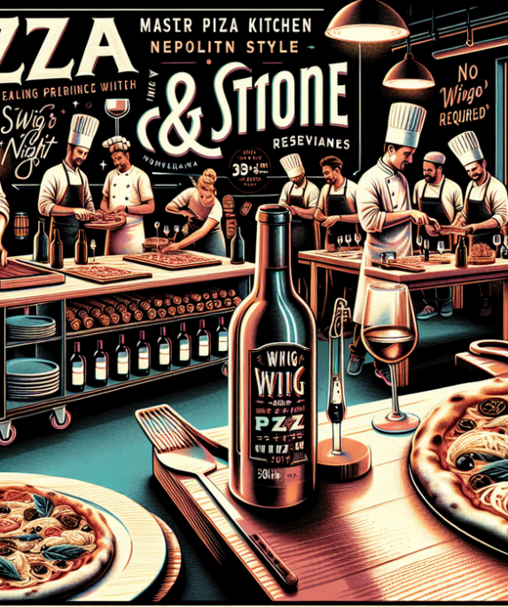 alt_text: Suasana ramai di Malam Pizza dengan pengunjung menikmati pizza di Viaggio Wine Merchant.