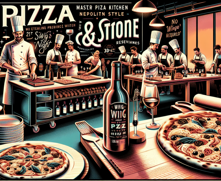 alt_text: Suasana ramai di Malam Pizza dengan pengunjung menikmati pizza di Viaggio Wine Merchant.