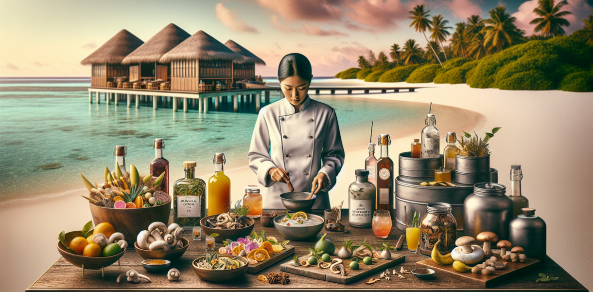 alt_text: Chef Radhika menyiapkan hidangan di JOALI Maldives dengan pemandangan laut yang indah.