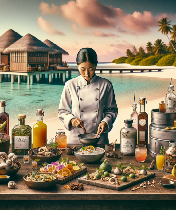 alt_text: Chef Radhika menyiapkan hidangan di JOALI Maldives dengan pemandangan laut yang indah.