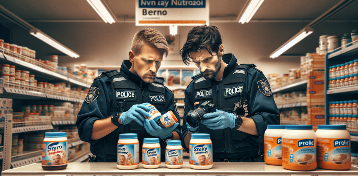 alt_text: Botol makanan bayi dengan label peringatan di meja makan, mencerminkan kekhawatiran kesehatan.