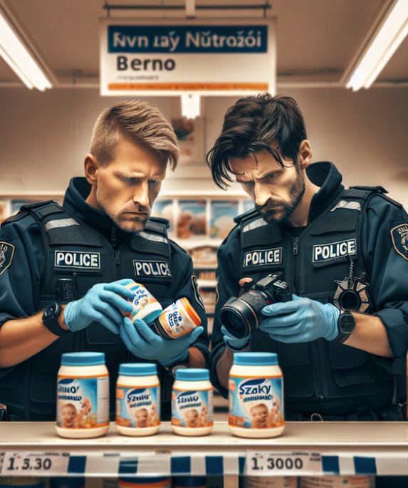 alt_text: Botol makanan bayi dengan label peringatan di meja makan, mencerminkan kekhawatiran kesehatan.