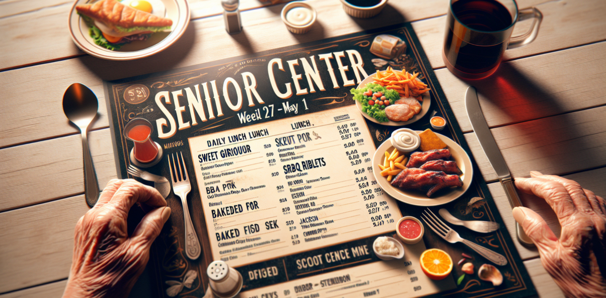 alt_text: Menu pusat lansia menampilkan pilihan makan menarik, menekankan nutrisi dan kesehatan.