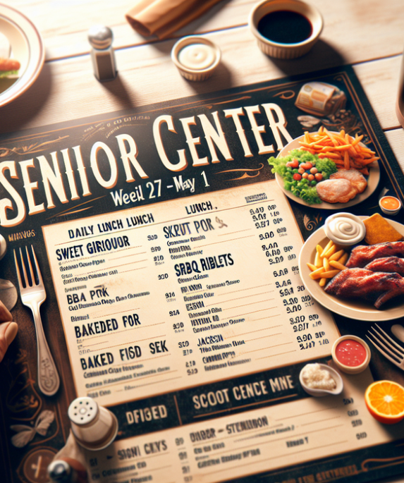 alt_text: Menu pusat lansia menampilkan pilihan makan menarik, menekankan nutrisi dan kesehatan.