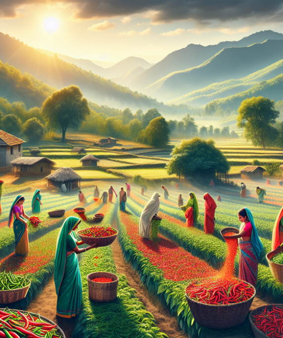 alt_text: Perempuan tersenyum memegang cabai, simbol semangat inovasi di dunia pertanian modern.