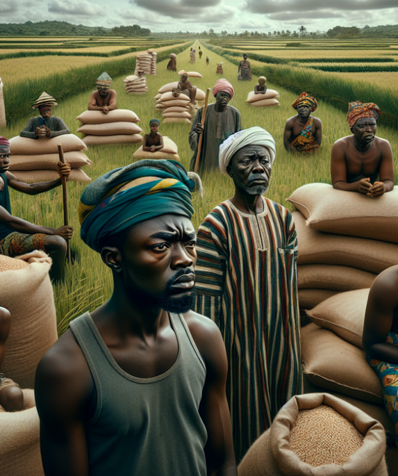 alt_text: Sawah hijau Asutsuare dengan petani bekerja, panen melimpah dan ekonomi tumbuh.