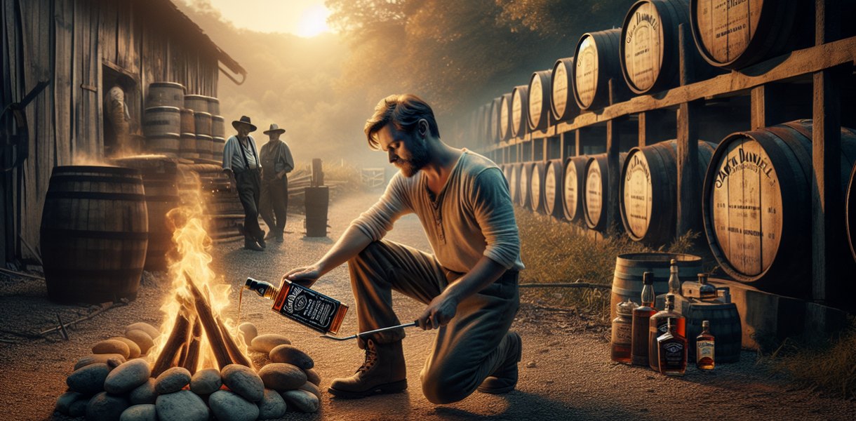 alt_text: Proses pemanggangan barel Jack Daniel’s, kunci rasa unik dari kobaran api.