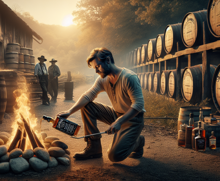alt_text: Proses pemanggangan barel Jack Daniel’s, kunci rasa unik dari kobaran api.