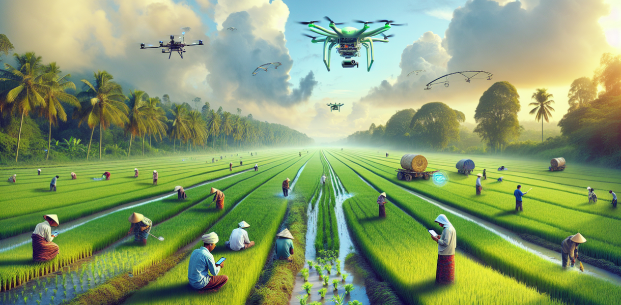 "alt_text": "Petani menggunakan drone dan AI di sawah, menandai era baru teknologi pertanian."