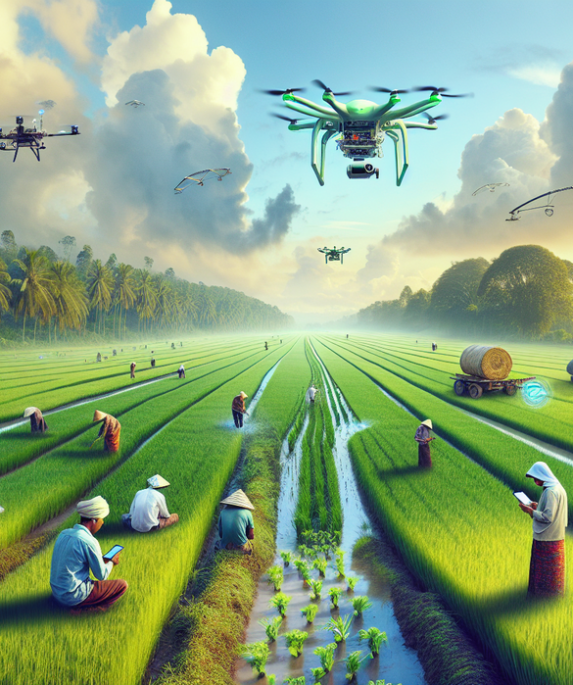 "alt_text": "Petani menggunakan drone dan AI di sawah, menandai era baru teknologi pertanian."
