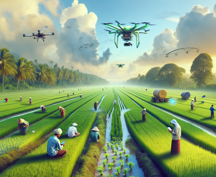 "alt_text": "Petani menggunakan drone dan AI di sawah, menandai era baru teknologi pertanian."