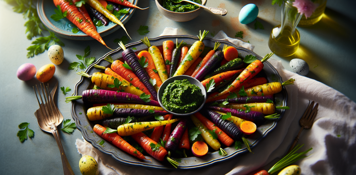 alt_text: "Wortel panggang yang menggugah selera, sempurna untuk hidangan Paskah."
