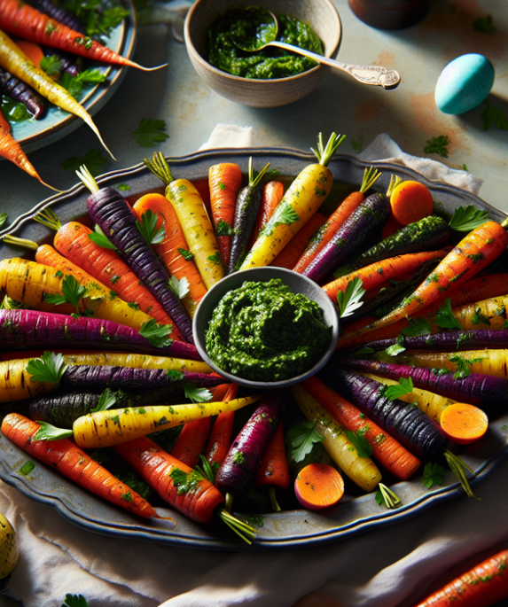 alt_text: "Wortel panggang yang menggugah selera, sempurna untuk hidangan Paskah."