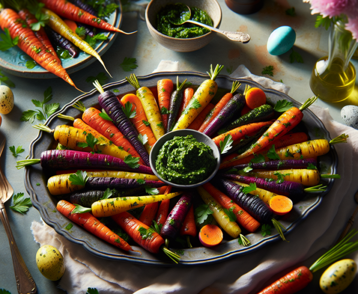 alt_text: "Wortel panggang yang menggugah selera, sempurna untuk hidangan Paskah."