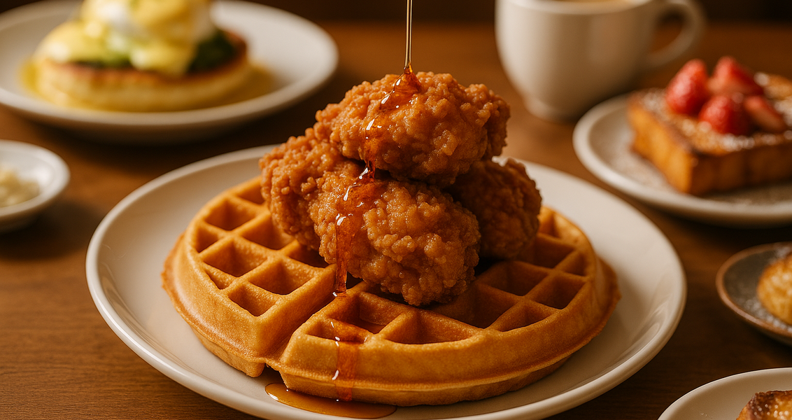 alt_text: Ayam goreng renyah disajikan di atas waffle lembut dengan sirup untuk brunch manis dan gurih.