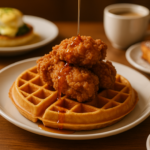 alt_text: Ayam goreng renyah disajikan di atas waffle lembut dengan sirup untuk brunch manis dan gurih.