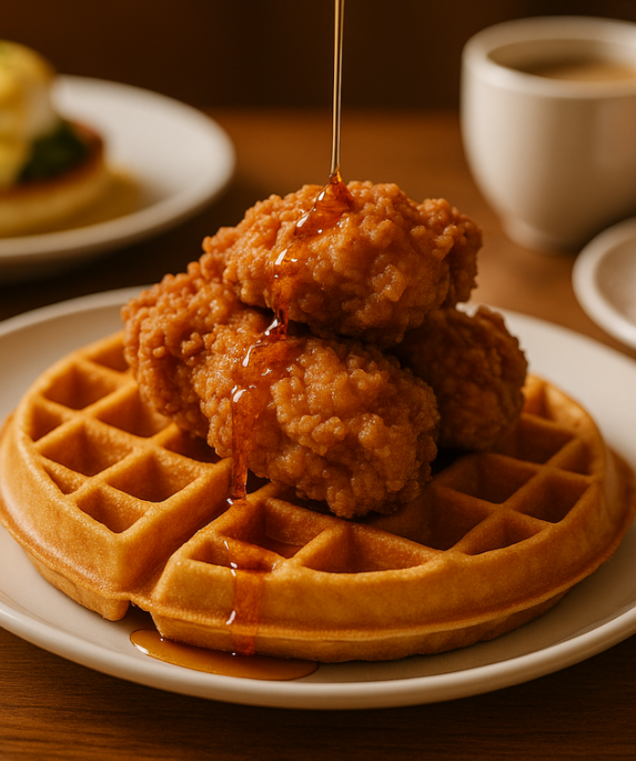 alt_text: Ayam goreng renyah disajikan di atas waffle lembut dengan sirup untuk brunch manis dan gurih.