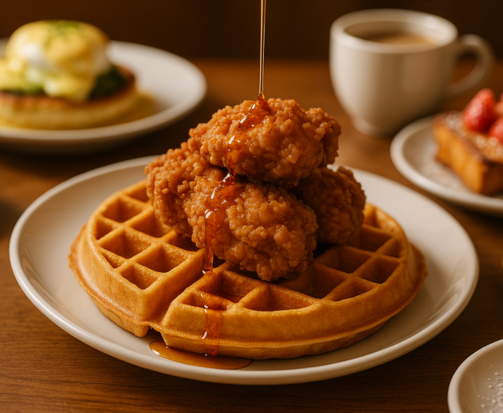 alt_text: Ayam goreng renyah disajikan di atas waffle lembut dengan sirup untuk brunch manis dan gurih.