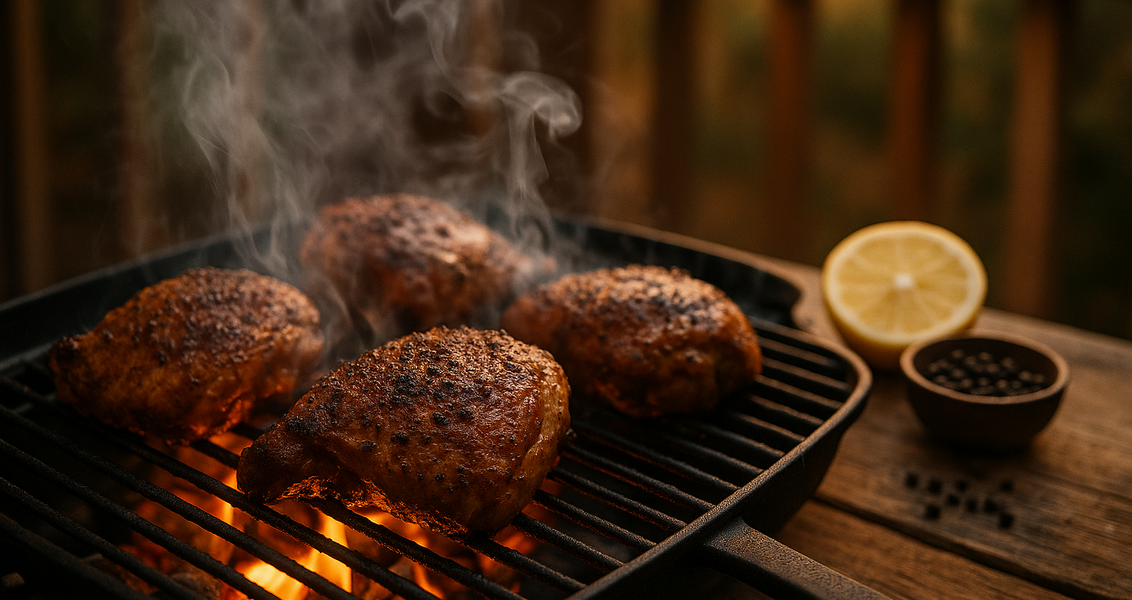 alt_text: Ayam panggang berapi, dipanggang di grill panas dengan rahasia senyum bebas kotoran.