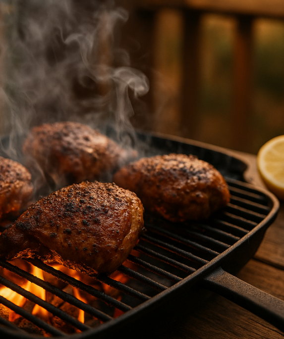 alt_text: Ayam panggang berapi, dipanggang di grill panas dengan rahasia senyum bebas kotoran.