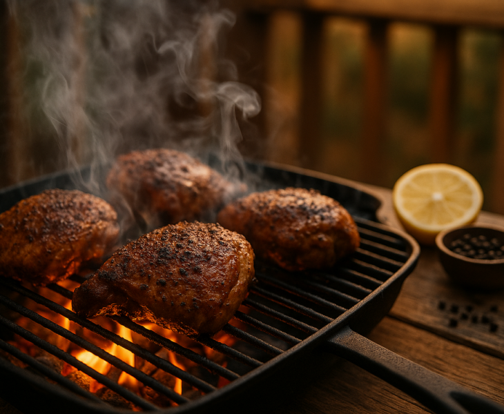 alt_text: Ayam panggang berapi, dipanggang di grill panas dengan rahasia senyum bebas kotoran.