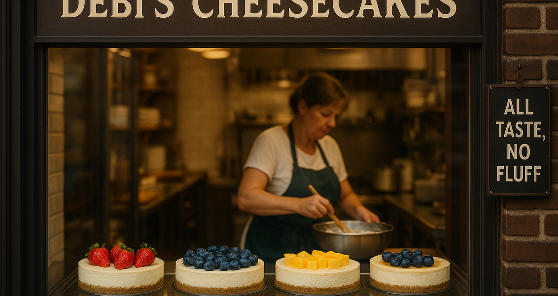"alt_text": "Cheesecake Flurry Clay County yang lezat, penuh dengan topping buah dan saus karamel."