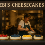 "alt_text": "Cheesecake Flurry Clay County yang lezat, penuh dengan topping buah dan saus karamel."