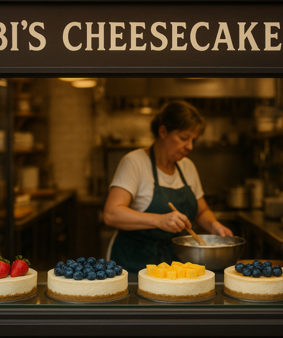 "alt_text": "Cheesecake Flurry Clay County yang lezat, penuh dengan topping buah dan saus karamel."