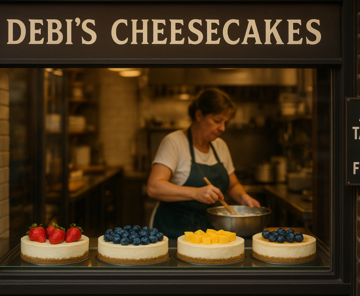 "alt_text": "Cheesecake Flurry Clay County yang lezat, penuh dengan topping buah dan saus karamel."