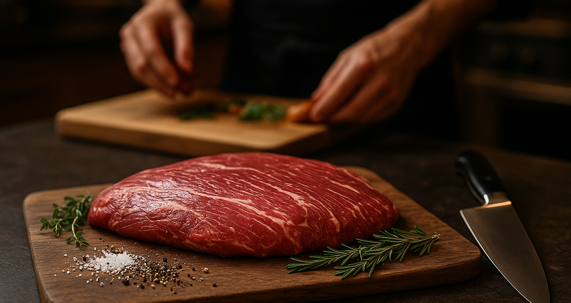 alt_text: Flank steak dengan bumbu, teknik memasak, serta strategi pemasaran rasa yang menarik.