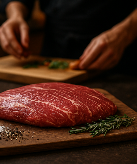 alt_text: Flank steak dengan bumbu, teknik memasak, serta strategi pemasaran rasa yang menarik.