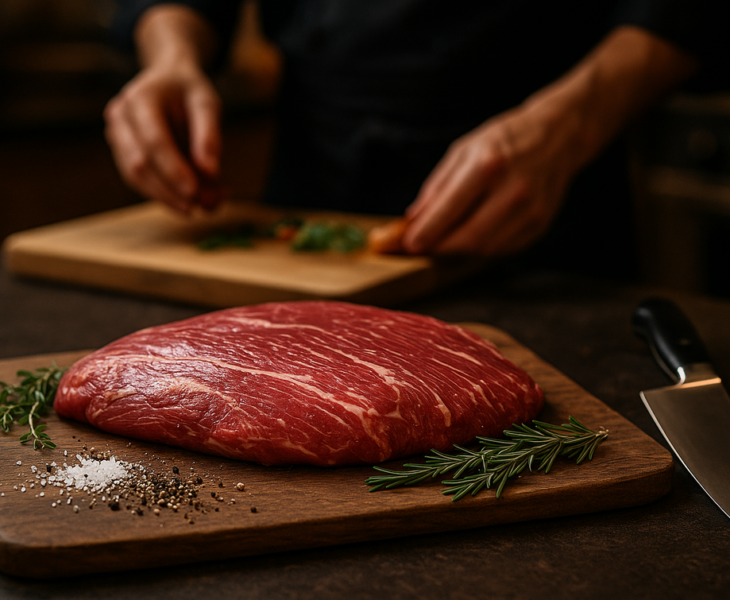 alt_text: Flank steak dengan bumbu, teknik memasak, serta strategi pemasaran rasa yang menarik.