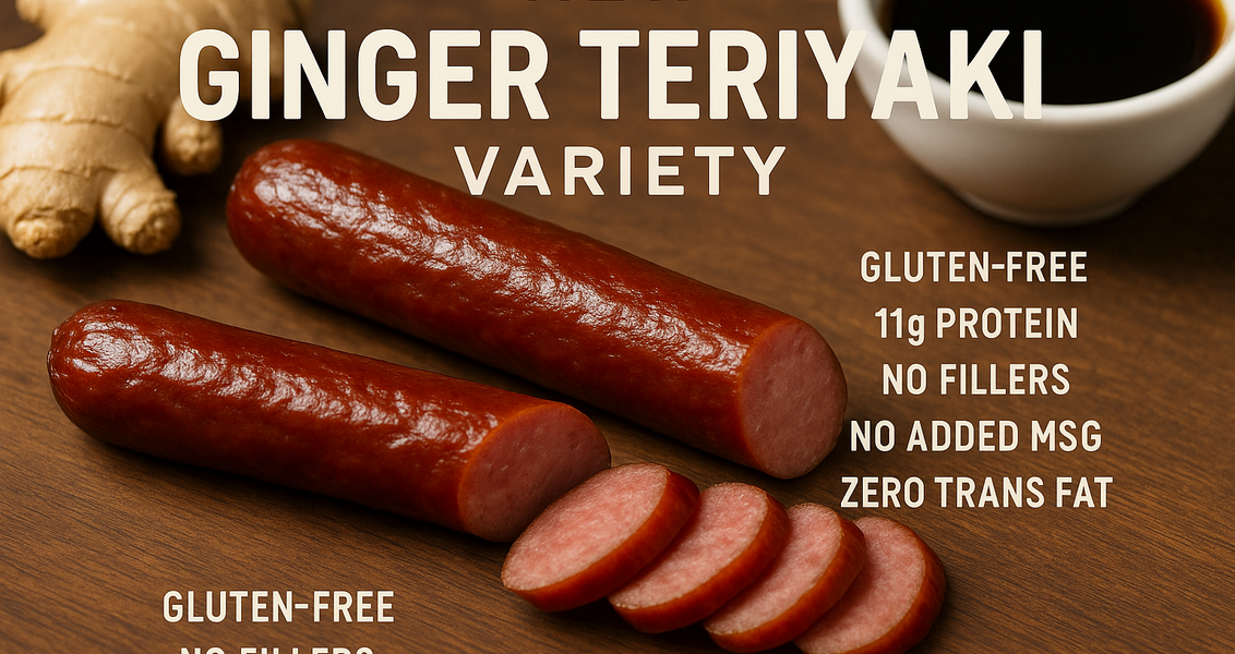 alt_text: Camilan daging premium Ginger Teriyaki dengan kemasan modern dan cita rasa lezat.