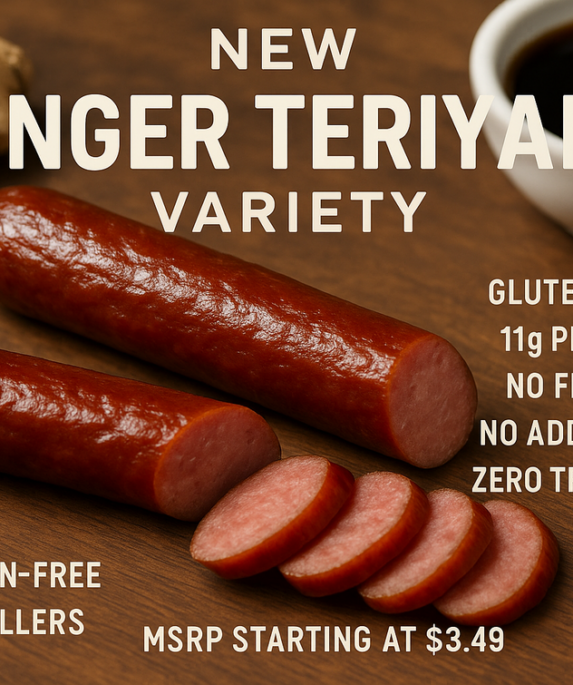 alt_text: Camilan daging premium Ginger Teriyaki dengan kemasan modern dan cita rasa lezat.