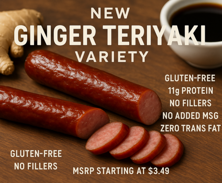 alt_text: Camilan daging premium Ginger Teriyaki dengan kemasan modern dan cita rasa lezat.