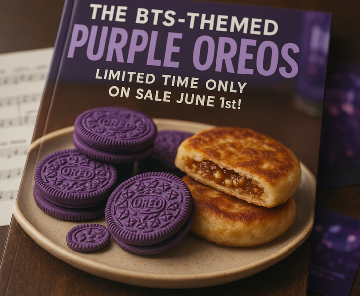 alt_text: Kemasan Oreo edisi BTS dengan logo khas, menghadirkan kolaborasi unik yang menarik perhatian.