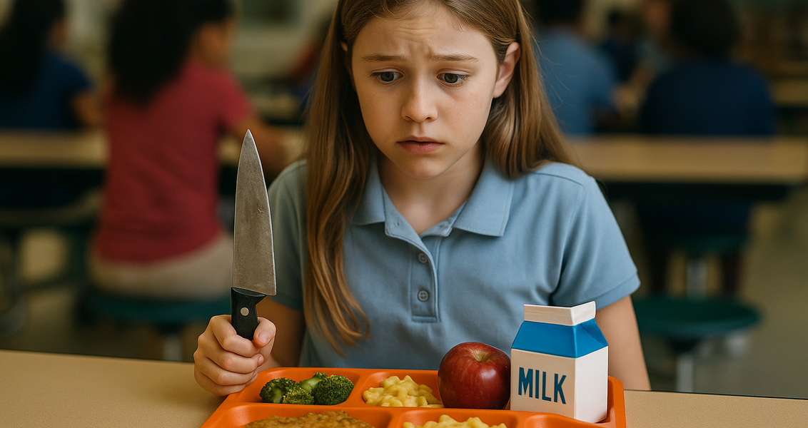 "alt_text": "Makanan sekolah dengan ancaman tersembunyi di balik piring, menyoroti risiko kesehatan."