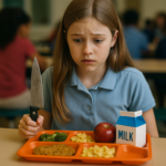 "alt_text": "Makanan sekolah dengan ancaman tersembunyi di balik piring, menyoroti risiko kesehatan."