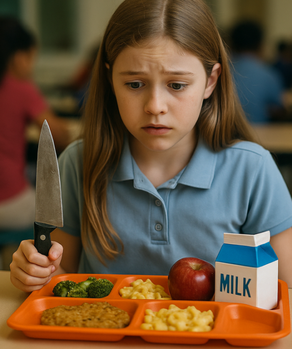 "alt_text": "Makanan sekolah dengan ancaman tersembunyi di balik piring, menyoroti risiko kesehatan."