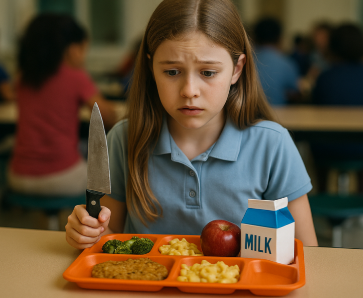 "alt_text": "Makanan sekolah dengan ancaman tersembunyi di balik piring, menyoroti risiko kesehatan."