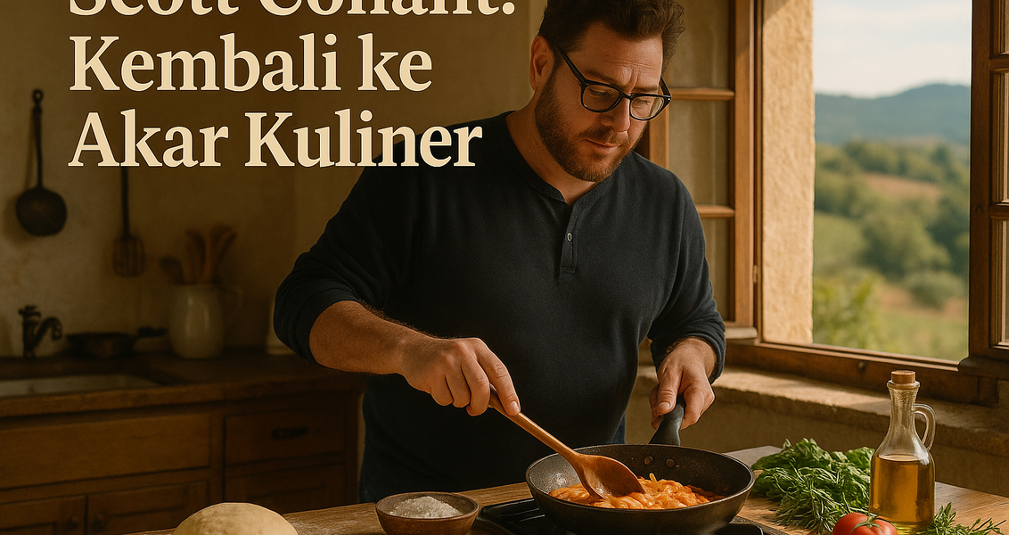 alt_text: Poster kuliner Chef Scott Conant menyoroti konsep makanan sejati dengan gaya autentik.