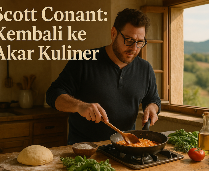 alt_text: Poster kuliner Chef Scott Conant menyoroti konsep makanan sejati dengan gaya autentik.