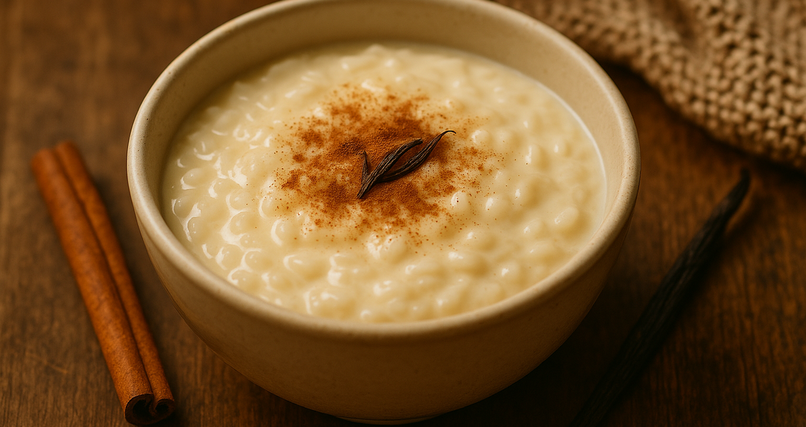 alt_text: Rice Pudding dalam mangkuk, hangat dan menggoda dengan taburan kayu manis di atasnya.