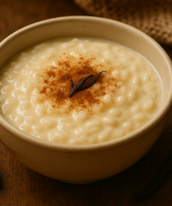 alt_text: Rice Pudding dalam mangkuk, hangat dan menggoda dengan taburan kayu manis di atasnya.