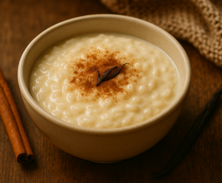 alt_text: Rice Pudding dalam mangkuk, hangat dan menggoda dengan taburan kayu manis di atasnya.