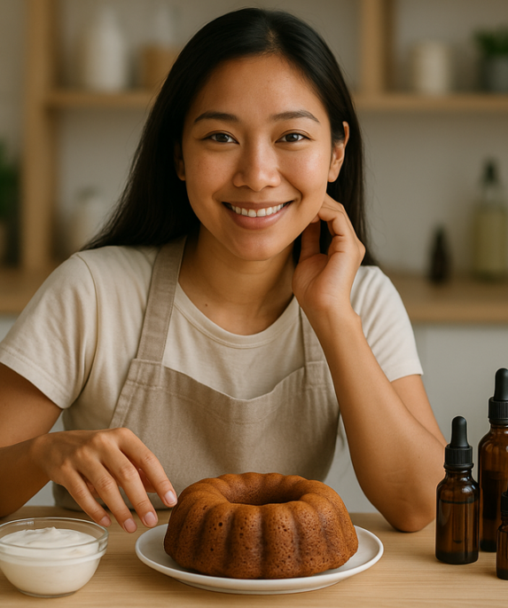 alt_text: Resep kue, tips kecantikan kulit, dan panduan ketahanan diri dalam satu gambar kreatif.