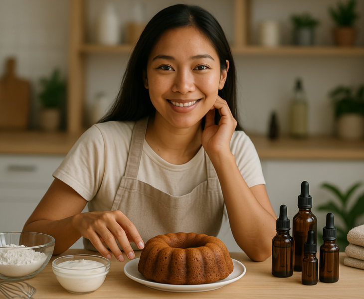 alt_text: Resep kue, tips kecantikan kulit, dan panduan ketahanan diri dalam satu gambar kreatif.