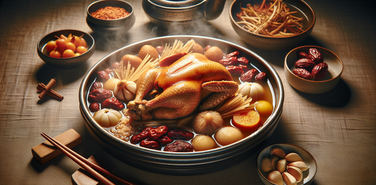 alt_text: Sup Samgyetang Korea, ayam utuh isi ginseng, beras, dan rempah menyegarkan di musim panas.
