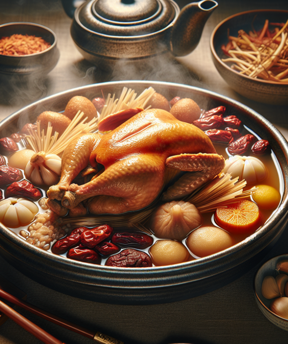 alt_text: Sup Samgyetang Korea, ayam utuh isi ginseng, beras, dan rempah menyegarkan di musim panas.