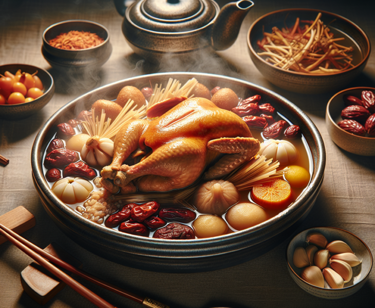 alt_text: Sup Samgyetang Korea, ayam utuh isi ginseng, beras, dan rempah menyegarkan di musim panas.